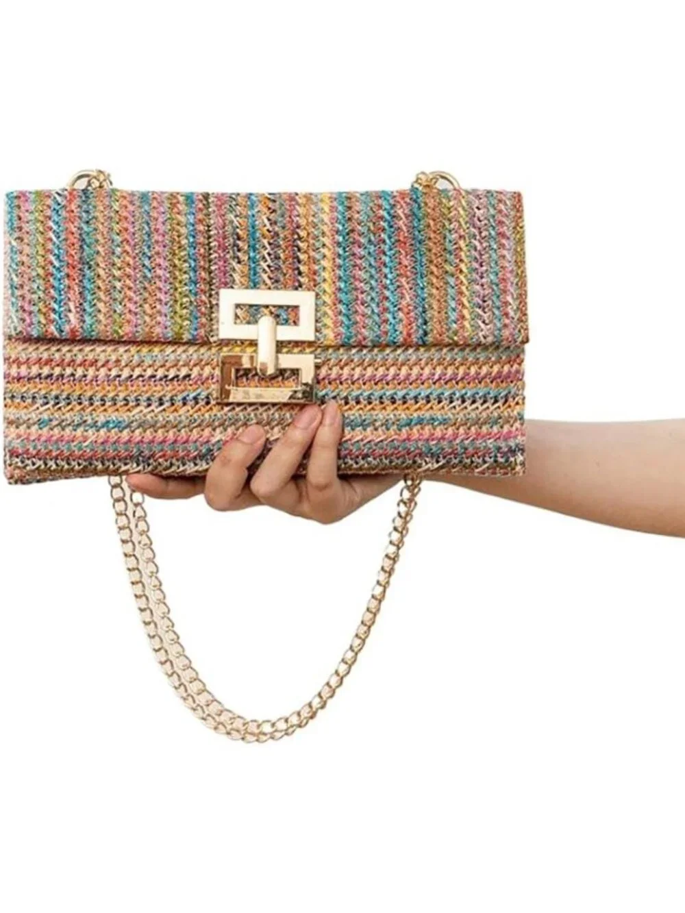 Women’s Rainbow Straw Woven Clutch Purse Crossbody Evening Wedding Handbag